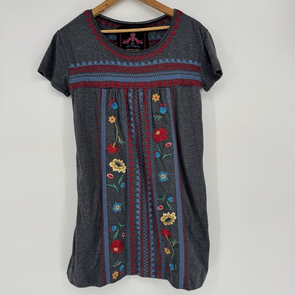 Johnny Was Tunic Dress Gray Embroidered Floral Boho‎ Jersey Knit Women's XS